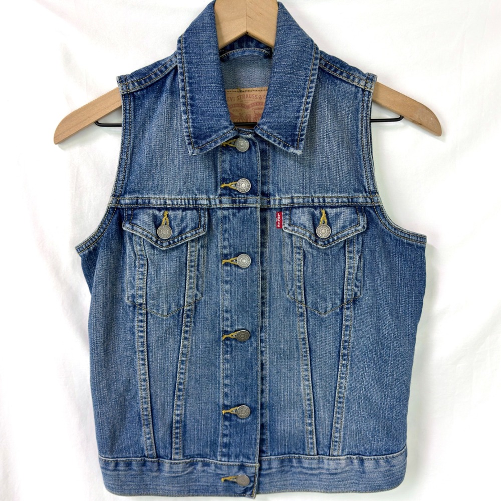 LEVI'S Denim Jean Trucker Vest Women's XS Flap Pockets Collared Button Front